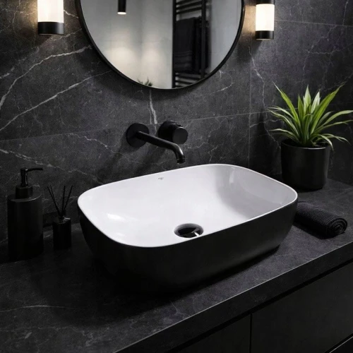 Umywalka nablatowa ceramiczna prostokątna TENA-BL-WH 45x32 cm czarno -biała