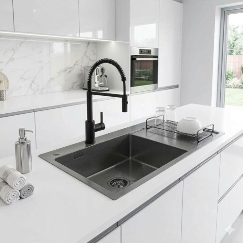 Zlew Stalowy Z Prawym Ociekaczem PERSI-PO-GR Jednokomorowy Grafit 78×49 PVD