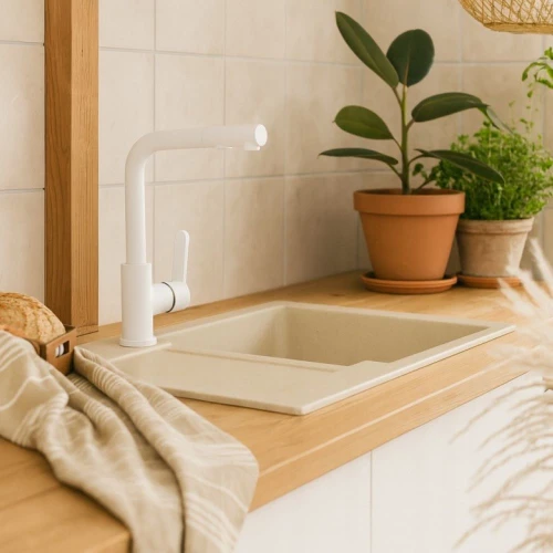 Bateria kuchenna wyciągana wylewka GRANITE SINK do zlewozmywaka SIMA biała