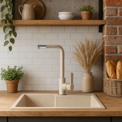 Bateria kuchenna chromowana obrotowa 360 stopni do zlewozmywaka MALE beżowa