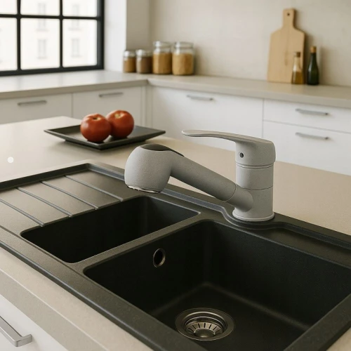 Bateria kuchenna Granite Sink jednouchwytowa wyciągana wylewka Aurora szara