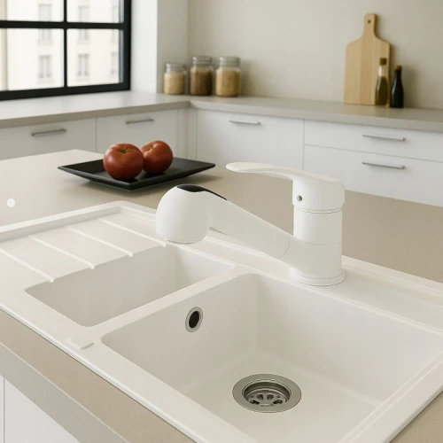 Bateria kuchenna Granite Sink jednouchwytowa wyciągana wylewka Aurora biała