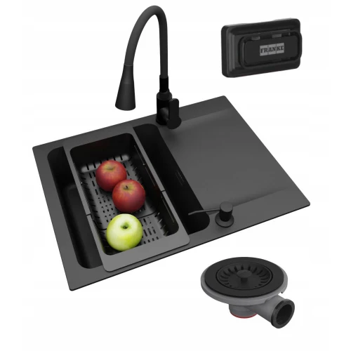 Zestaw - Zlewozmywak Franke Orion OID 611-62 onyx - bateria elastyczna - dozownik - koszyk