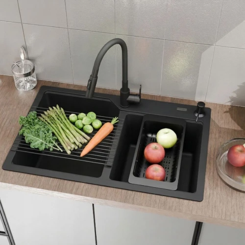 Zestaw - zlewozmywak dwukomorowy Franke UBG 620 czarny mat - bateria elastyczna - dozownik - wkładka