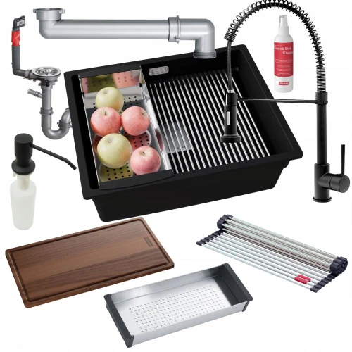 Zestaw - Zlewozmywak Franke podwieszany KNG 110-52 onyx - bateria Spiral Retro - dozownik