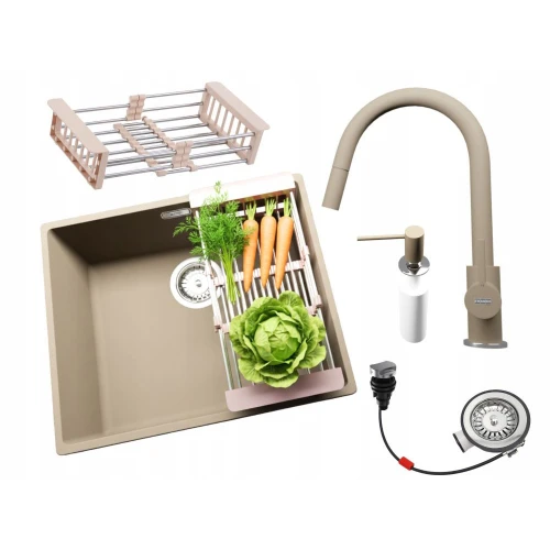 Zestaw - zlew podblatowy Franke SID 110-50 beż - bateria Linea Pull - dozownik
