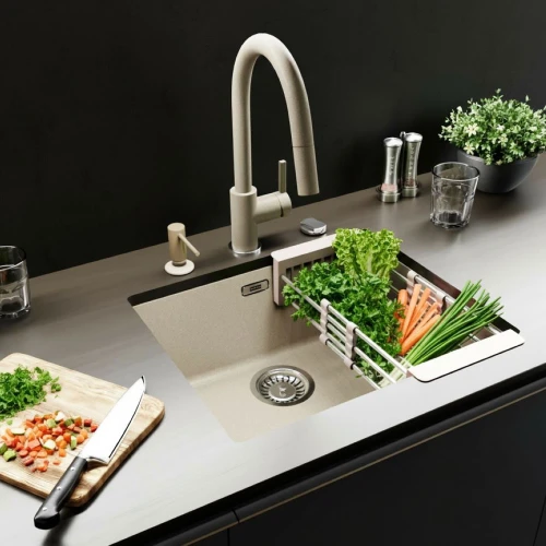 Zestaw - zlew podblatowy Franke SID 110-50 beż - bateria Linea Pull - dozownik