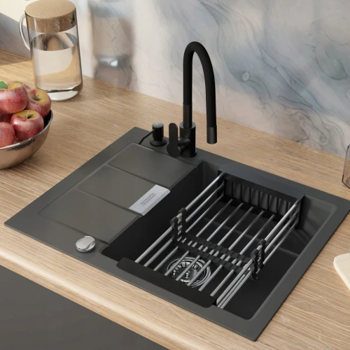 Zestaw - zlew Franke S2D 611-62 - bateria Grado - dozownik - koszyk