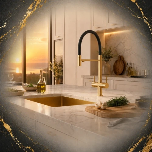 Bateria kuchenna trójdrożna wyciągana wylewka TOVLIT brushed gold