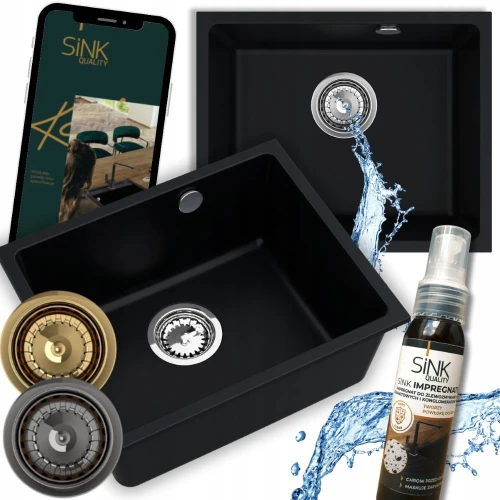 Zlew granitowy jednokomorowy Crypton 55+ czarny - syfon manualny