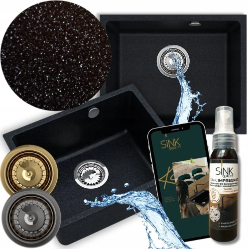 Zlew granitowy jednokomorowy Crypton 55+ czarny metalik - syfon manualny